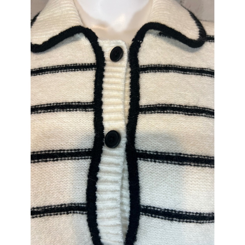 H&M Divided Womens Medium Striped Short Sleeve Knit Cardigan Sweater Cream Black - Picture 4 of 5